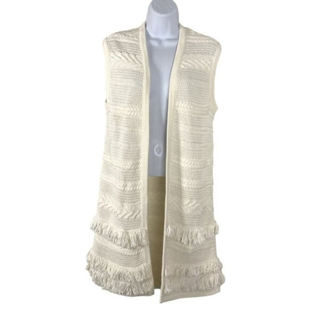 Vince Textured Knit Fringe‎ Sweater Vest Womens Medium Ivory Cotton CJ-1707